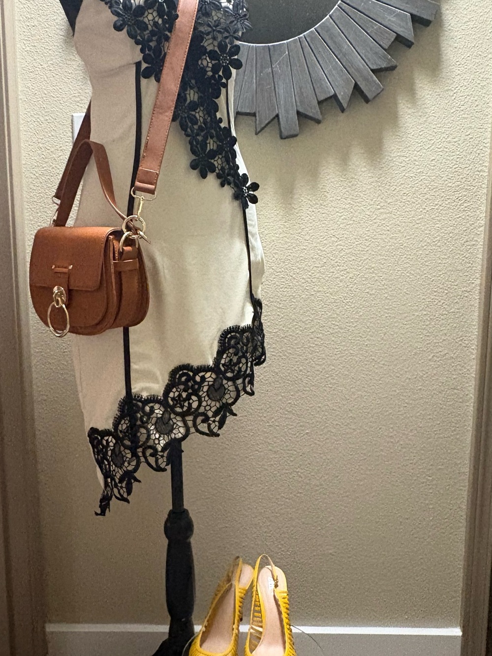 Women's Tan Crossbody Saddle Bag with Gold Ring Accent